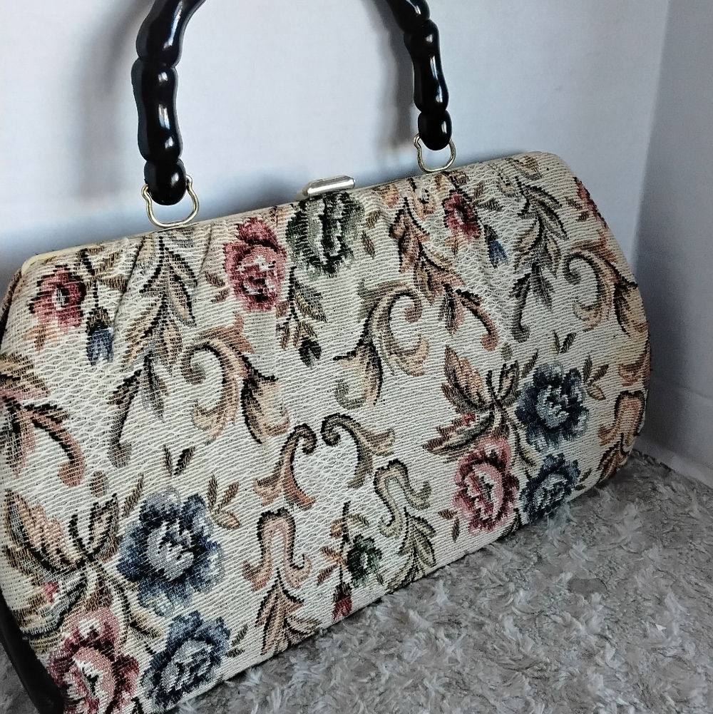 Vintage Floral Tapestry Clutch Handbag with Black Handle - Picture 2 of 6